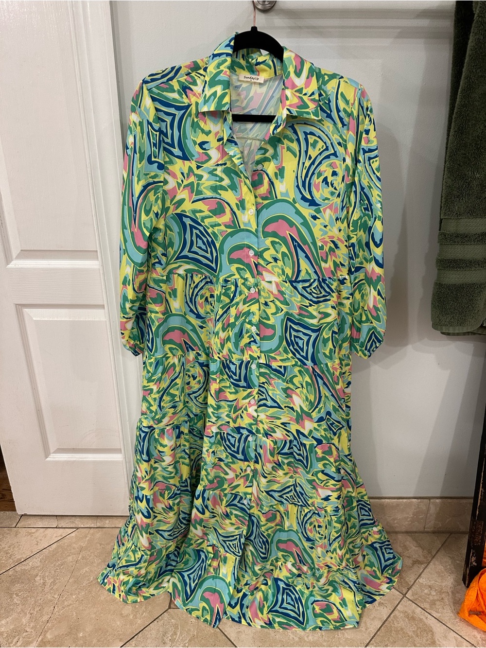 Abstract Swirl Maxi Shirt Dress in Green & Blue